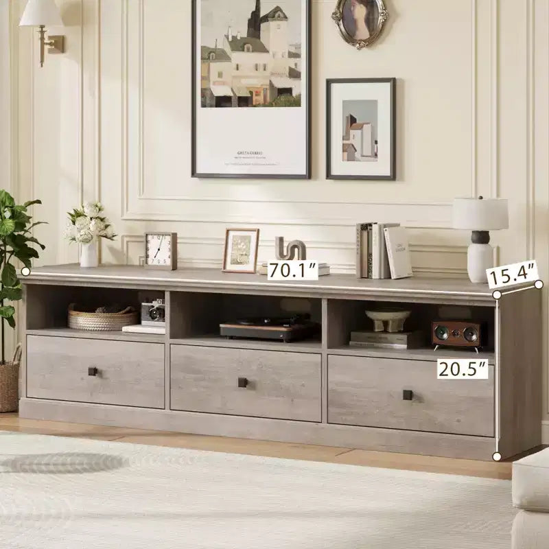 Meuble TV de style rustique GustoWave de 70 pouces, centre de divertissement avec tiroir de rangement et étagères ouvertes pour téléviseurs jusqu'à 75 pouces