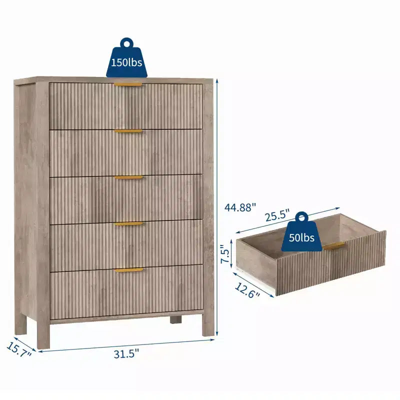 Commode cannelée à 5 tiroirs – Commode étroite de 114 cm de haut pour petits espaces, commode en bois de style ferme moderne pour chambre à coucher, chambre d'enfant, appartement, assemblage facile