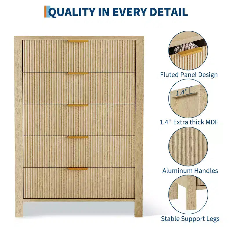 Commode cannelée à 5 tiroirs – Commode étroite de 114 cm de haut pour petits espaces, commode en bois de style ferme moderne pour chambre à coucher, chambre d'enfant, appartement, assemblage facile