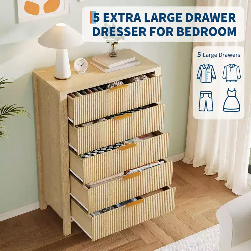 Commode cannelée à 5 tiroirs – Commode étroite de 114 cm de haut pour petits espaces, commode en bois de style ferme moderne pour chambre à coucher, chambre d'enfant, appartement, assemblage facile