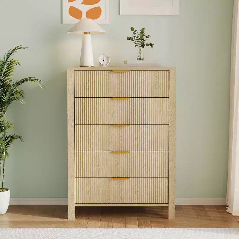 Commode cannelée à 5 tiroirs – Commode étroite de 114 cm de haut pour petits espaces, commode en bois de style ferme moderne pour chambre à coucher, chambre d'enfant, appartement, assemblage facile