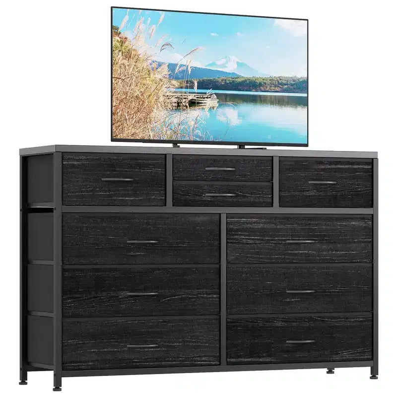 Meuble TV GustoWave pour téléviseur 55 pouces, meuble de divertissement avec 10 tiroirs pour salon, placard, entrée, couloir