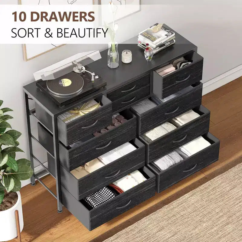 Meuble TV GustoWave pour téléviseur 55 pouces, meuble de divertissement avec 10 tiroirs pour salon, placard, entrée, couloir