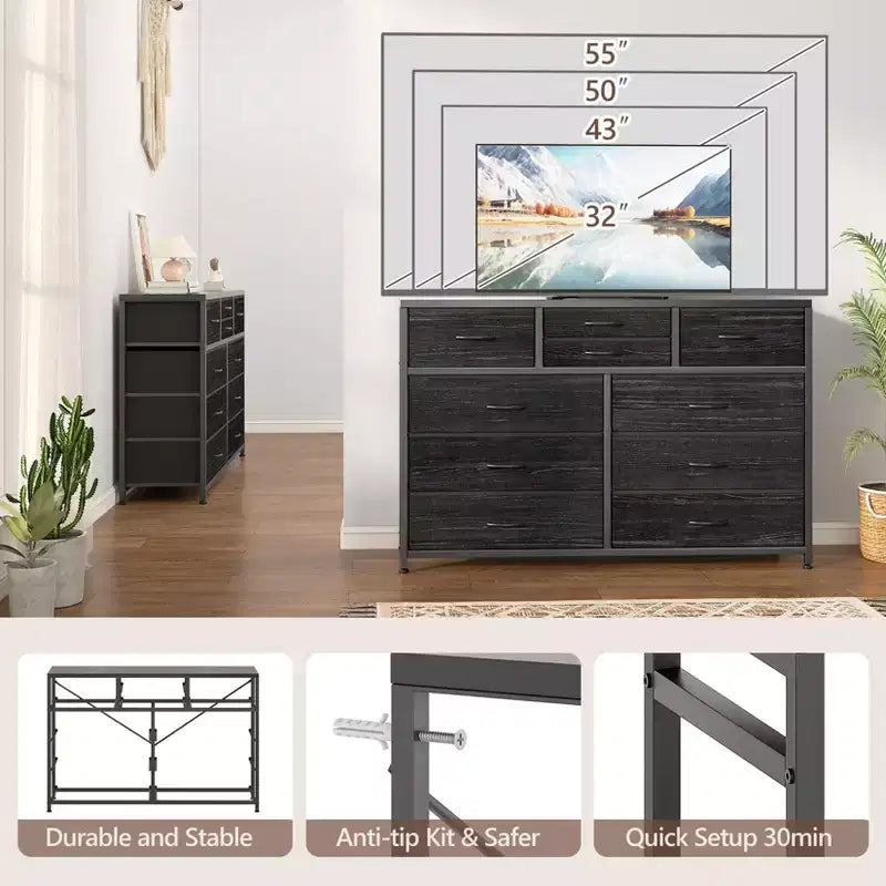 Meuble TV GustoWave pour téléviseur 55 pouces, meuble de divertissement avec 10 tiroirs pour salon, placard, entrée, couloir