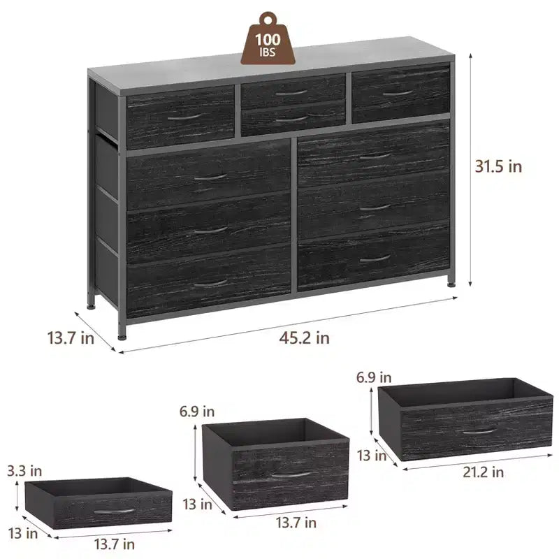 Meuble TV GustoWave pour téléviseur 55 pouces, meuble de divertissement avec 10 tiroirs pour salon, placard, entrée, couloir