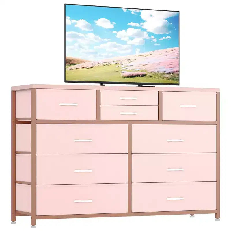 Meuble TV GustoWave pour téléviseur 55 pouces, meuble de divertissement avec 10 tiroirs pour salon, placard, entrée, couloir