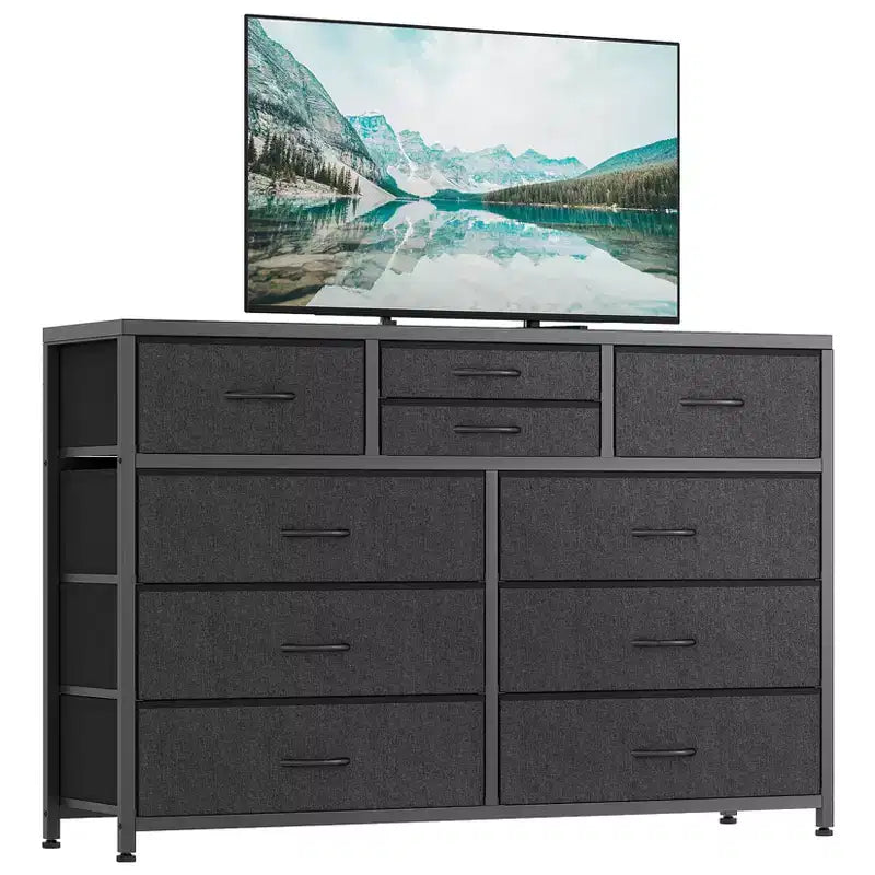 Meuble TV GustoWave pour téléviseur 55 pouces, meuble de divertissement avec 10 tiroirs pour salon, placard, entrée, couloir