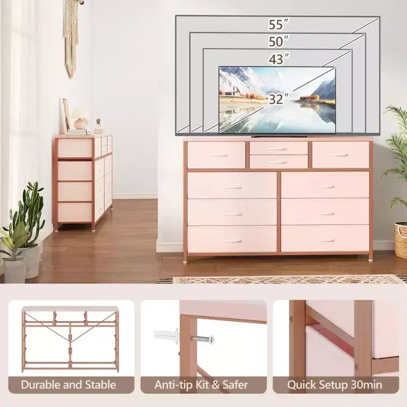 Meuble TV GustoWave pour téléviseur 55 pouces, meuble de divertissement avec 10 tiroirs pour salon, placard, entrée, couloir