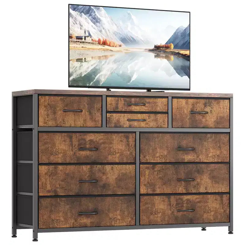 Meuble TV GustoWave pour téléviseur 55 pouces, meuble de divertissement avec 10 tiroirs pour salon, placard, entrée, couloir