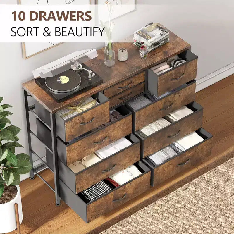 Meuble TV GustoWave pour téléviseur 55 pouces, meuble de divertissement avec 10 tiroirs pour salon, placard, entrée, couloir