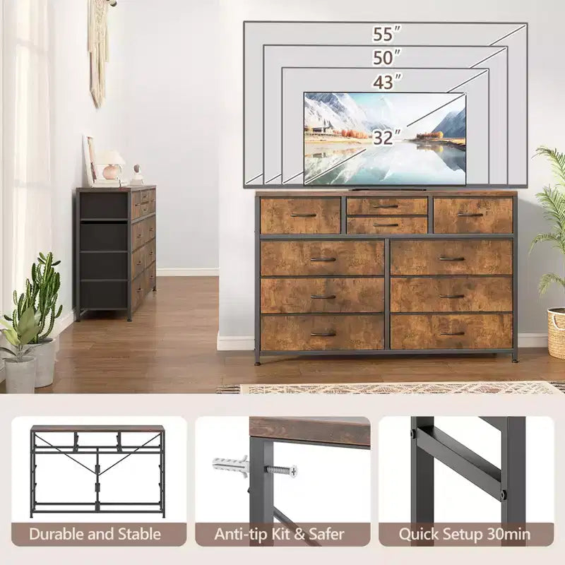 Meuble TV GustoWave pour téléviseur 55 pouces, meuble de divertissement avec 10 tiroirs pour salon, placard, entrée, couloir