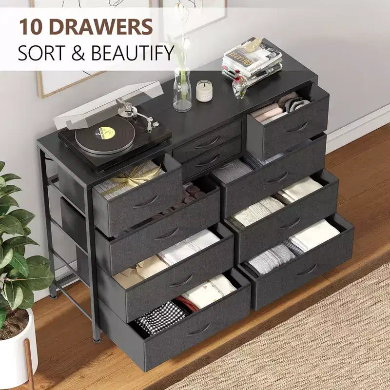 Meuble TV GustoWave pour téléviseur 55 pouces, meuble de divertissement avec 10 tiroirs pour salon, placard, entrée, couloir