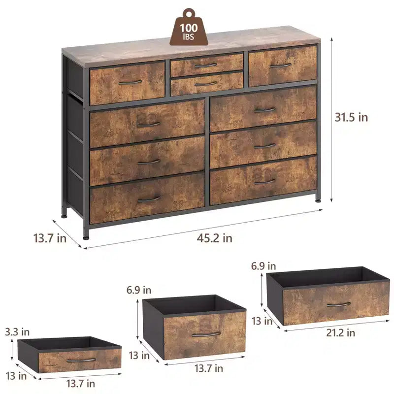 Meuble TV GustoWave pour téléviseur 55 pouces, meuble de divertissement avec 10 tiroirs pour salon, placard, entrée, couloir