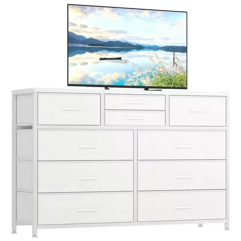 Meuble TV GustoWave pour téléviseur 55 pouces, meuble de divertissement avec 10 tiroirs pour salon, placard, entrée, couloir