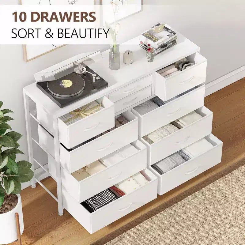 Meuble TV GustoWave pour téléviseur 55 pouces, meuble de divertissement avec 10 tiroirs pour salon, placard, entrée, couloir
