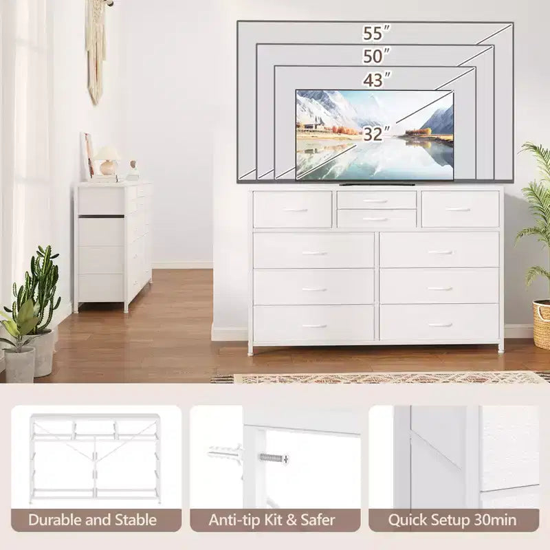 Meuble TV GustoWave pour téléviseur 55 pouces, meuble de divertissement avec 10 tiroirs pour salon, placard, entrée, couloir
