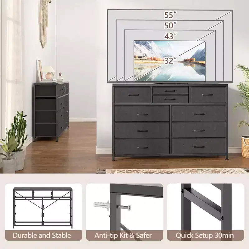 Meuble TV GustoWave pour téléviseur 55 pouces, meuble de divertissement avec 10 tiroirs pour salon, placard, entrée, couloir