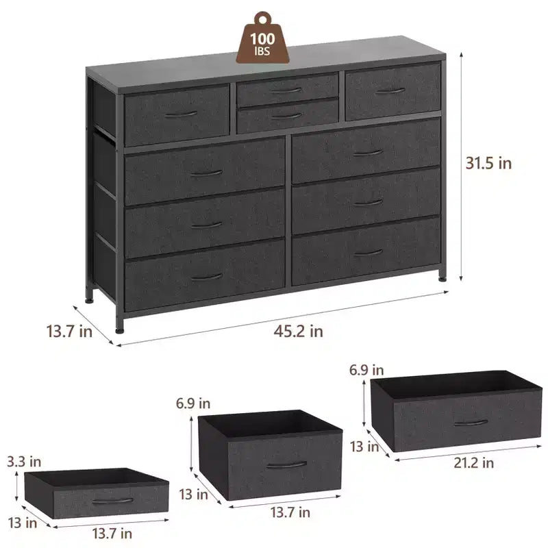 Meuble TV GustoWave pour téléviseur 55 pouces, meuble de divertissement avec 10 tiroirs pour salon, placard, entrée, couloir