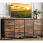 Commode à 14 tiroirs, commode en tissu de 63 po avec prise de courant pour téléviseur de 75 po, long meuble de rangement pour salon