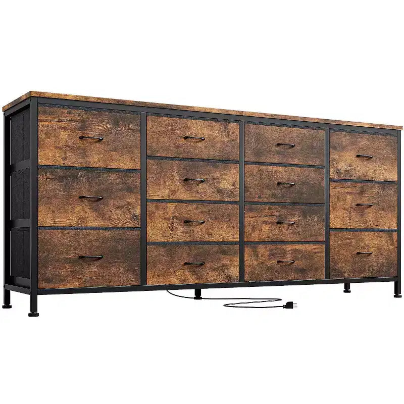 Commode à 14 tiroirs, commode en tissu de 63 po avec prise de courant pour téléviseur de 75 po, long meuble de rangement pour salon