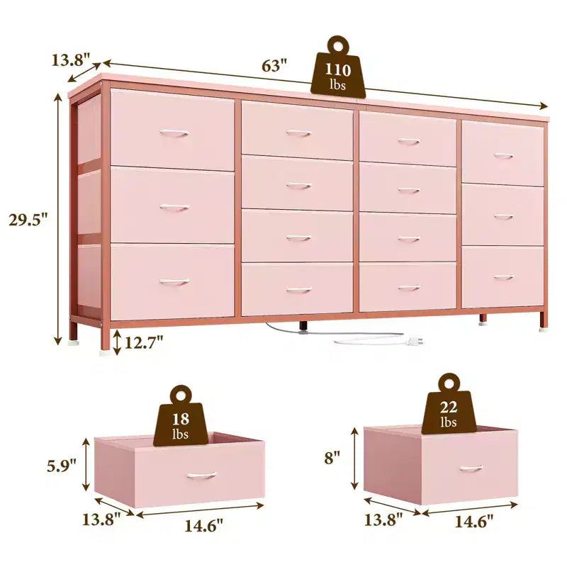 Commode à 14 tiroirs, commode en tissu de 63 po avec prise de courant pour téléviseur de 75 po, long meuble de rangement pour salon