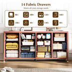 Commode à 14 tiroirs, commode en tissu de 63 po avec prise de courant pour téléviseur de 75 po, long meuble de rangement pour salon