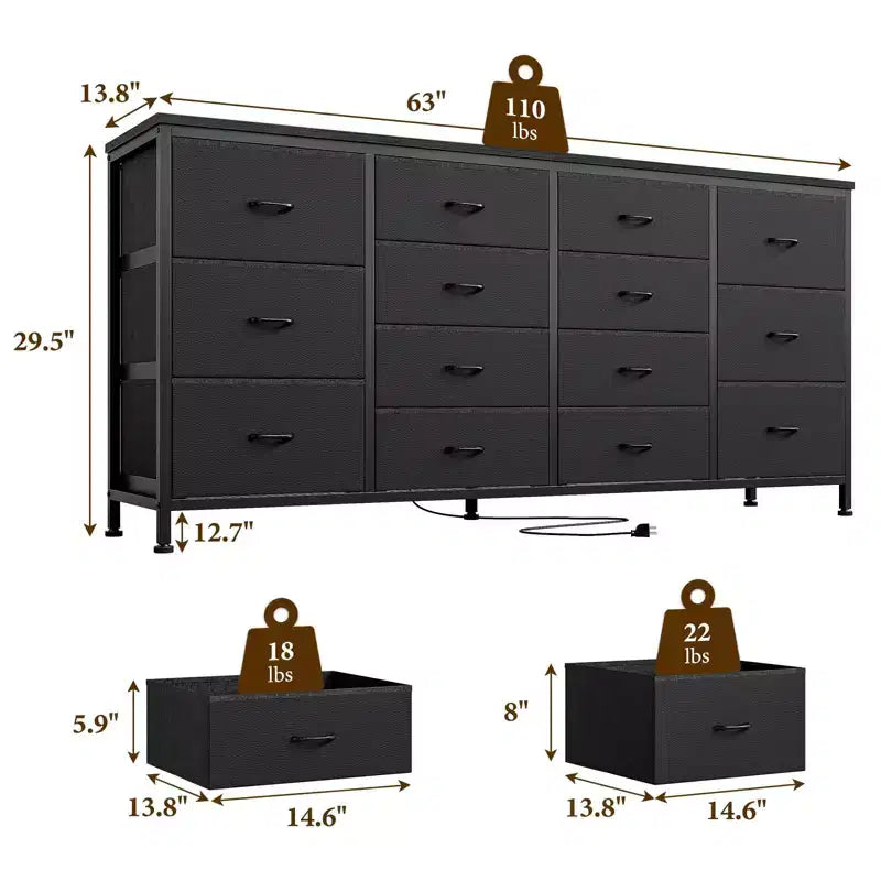 Commode à 14 tiroirs, commode en tissu de 63 po avec prise de courant pour téléviseur de 75 po, long meuble de rangement pour salon
