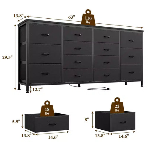 Commode à 14 tiroirs, commode en tissu de 63 po avec prise de courant pour téléviseur de 75 po, long meuble de rangement pour salon