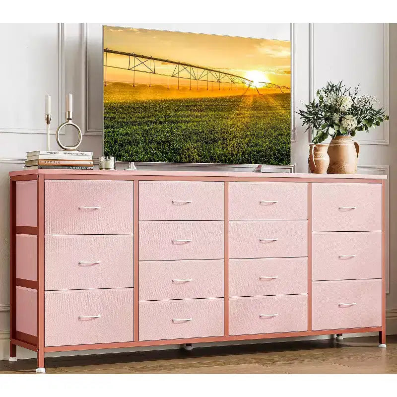 Commode à 14 tiroirs, commode en tissu de 63 po avec prise de courant pour téléviseur de 75 po, long meuble de rangement pour salon