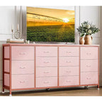 Commode à 14 tiroirs, commode en tissu de 63 po avec prise de courant pour téléviseur de 75 po, long meuble de rangement pour salon
