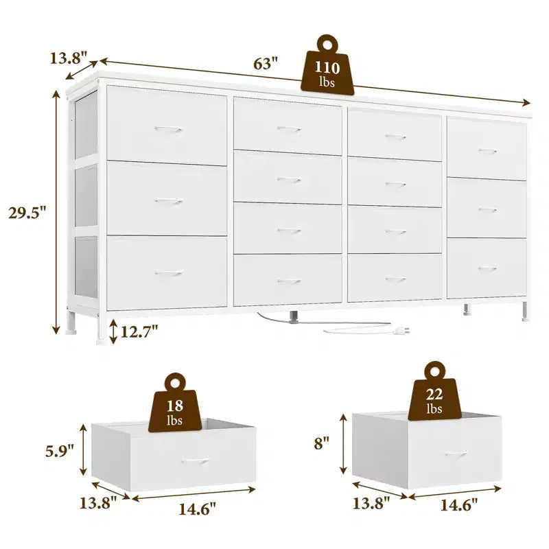 Commode à 14 tiroirs, commode en tissu de 63 po avec prise de courant pour téléviseur de 75 po, long meuble de rangement pour salon