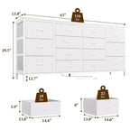 Commode à 14 tiroirs, commode en tissu de 63 po avec prise de courant pour téléviseur de 75 po, long meuble de rangement pour salon