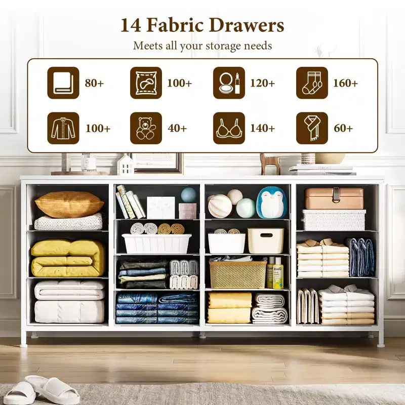 Commode à 14 tiroirs, commode en tissu de 63 po avec prise de courant pour téléviseur de 75 po, long meuble de rangement pour salon