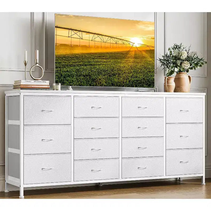 Commode à 14 tiroirs, commode en tissu de 63 po avec prise de courant pour téléviseur de 75 po, long meuble de rangement pour salon