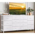 Commode à 14 tiroirs, commode en tissu de 63 po avec prise de courant pour téléviseur de 75 po, long meuble de rangement pour salon