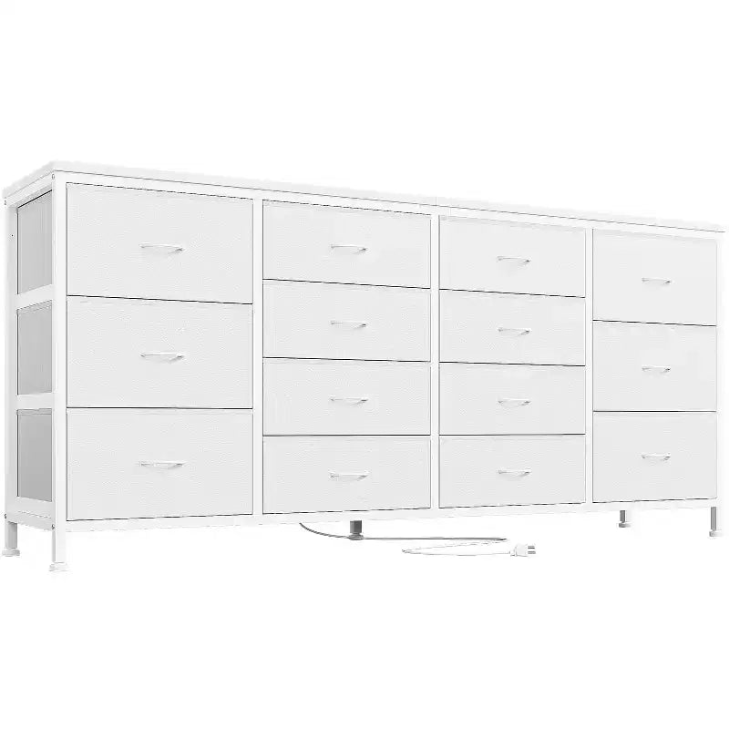 Commode à 14 tiroirs, commode en tissu de 63 po avec prise de courant pour téléviseur de 75 po, long meuble de rangement pour salon