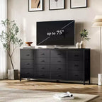 Commode à 14 tiroirs, commode en tissu de 63 po avec prise de courant pour téléviseur de 75 po, long meuble de rangement pour salon