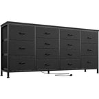 Commode à 14 tiroirs, commode en tissu de 63 po avec prise de courant pour téléviseur de 75 po, long meuble de rangement pour salon