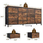 Commode à 14 tiroirs, commode en tissu de 63 po avec prise de courant pour téléviseur de 75 po, long meuble de rangement pour salon