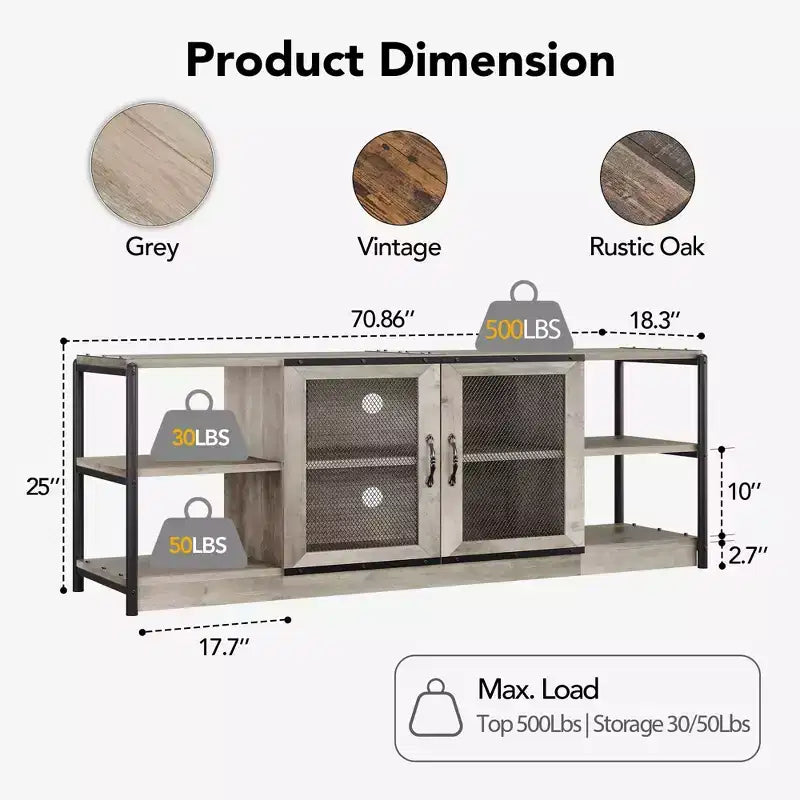 Meuble TV de Ferme pour TV 65/75 Pouces, Meuble TV Industriel avec Meuble de Rangement et Portes en Maille, Gris