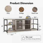 Meuble TV de Ferme pour TV 65/75 Pouces, Meuble TV Industriel avec Meuble de Rangement et Portes en Maille, Gris