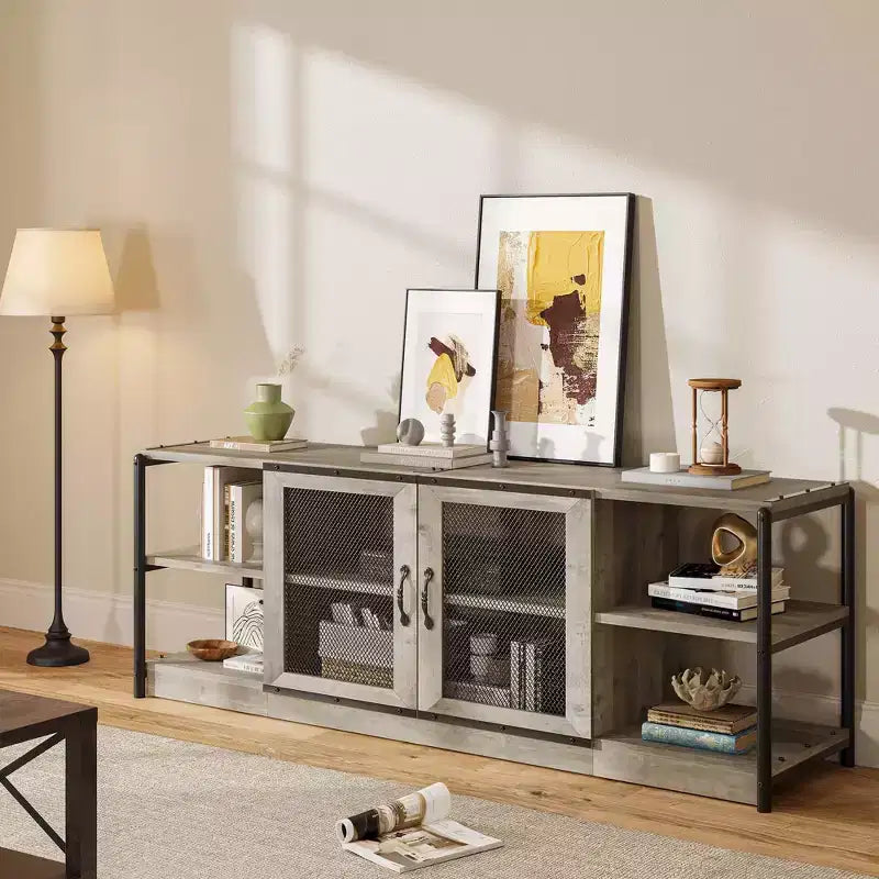 Meuble TV de Ferme pour TV 65/75 Pouces, Meuble TV Industriel avec Meuble de Rangement et Portes en Maille, Gris