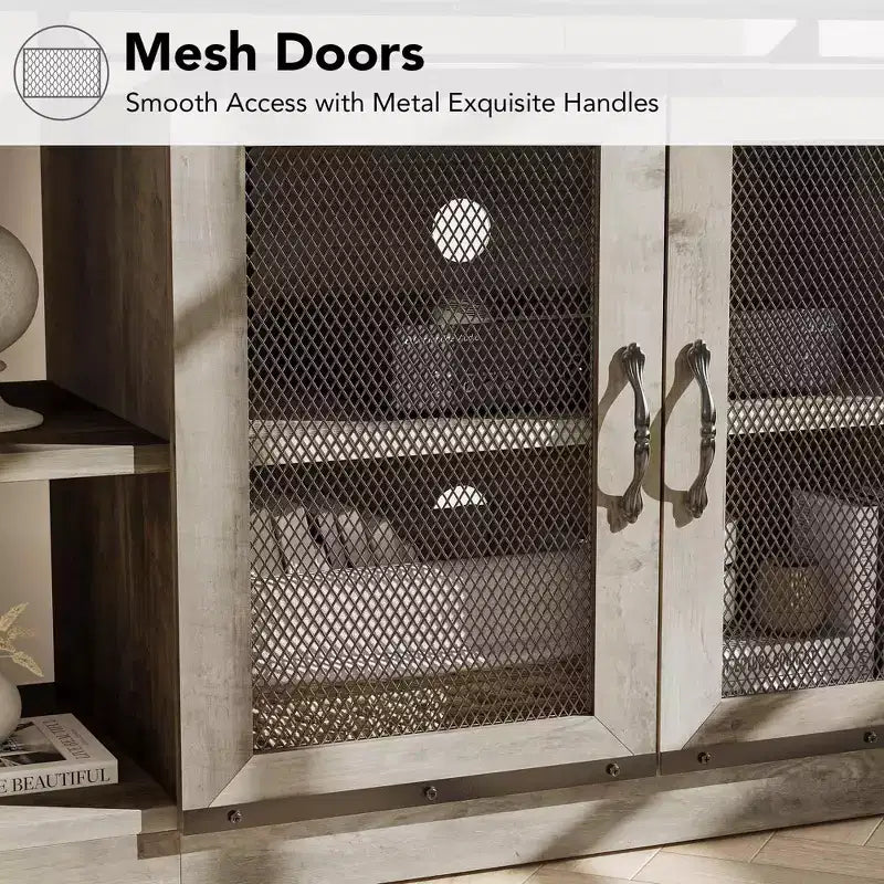 Meuble TV de Ferme pour TV 65/75 Pouces, Meuble TV Industriel avec Meuble de Rangement et Portes en Maille, Gris