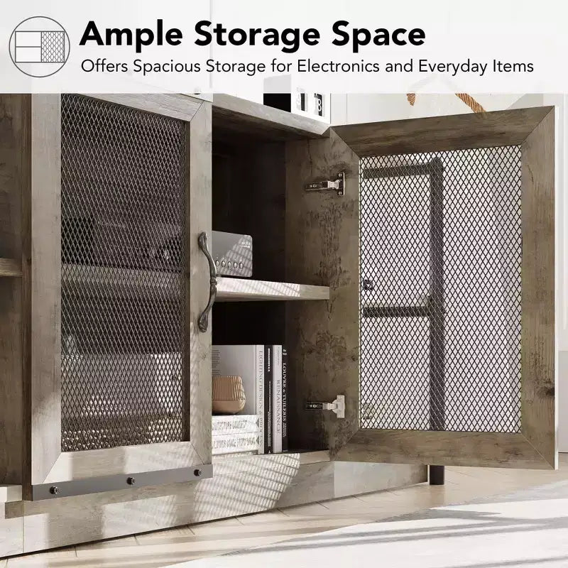 Meuble TV de Ferme pour TV 65/75 Pouces, Meuble TV Industriel avec Meuble de Rangement et Portes en Maille, Gris