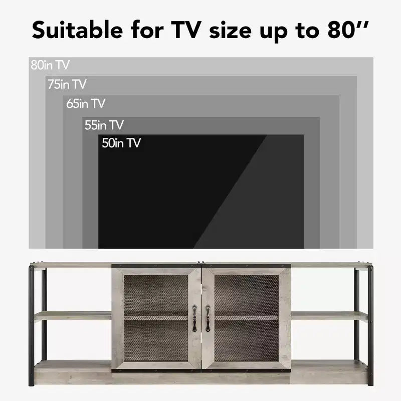 Meuble TV de Ferme pour TV 65/75 Pouces, Meuble TV Industriel avec Meuble de Rangement et Portes en Maille, Gris