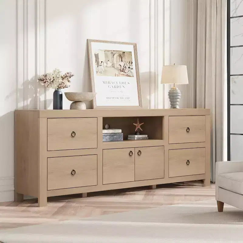 Meuble TV contemporain de 70 pouces de large avec 6 tiroirs de rangement pour téléviseurs jusqu'à 80 pouces, idéal pour le salon et le centre de divertissement