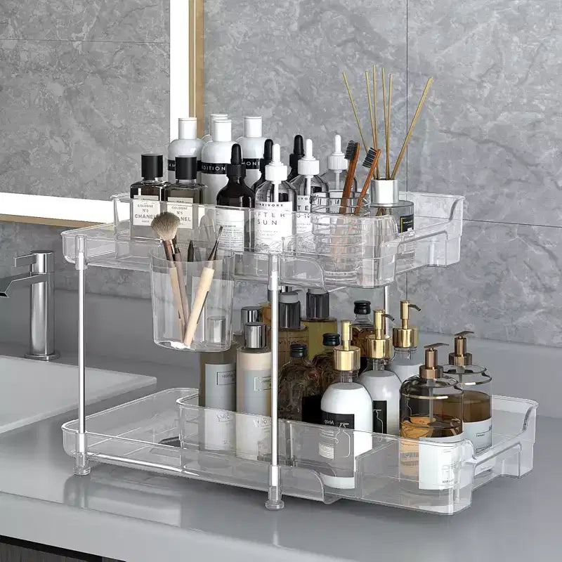 Organiseur cosmétique transparent à 2 niveaux, support pour soins de la peau et maquillage, étagère de rangement réglable, organiseur de comptoir, pour cosmétiques, aliments et articles ménagers