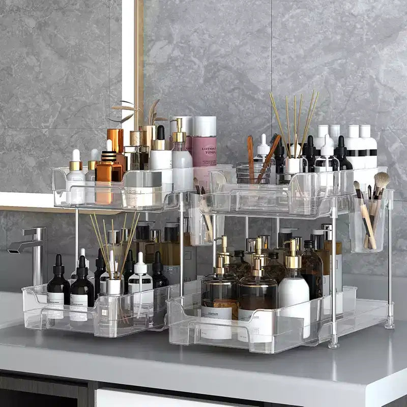 Organiseur cosmétique transparent à 2 niveaux, support pour soins de la peau et maquillage, étagère de rangement réglable, organiseur de comptoir, pour cosmétiques, aliments et articles ménagers