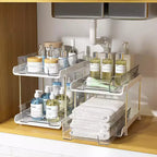 Organiseur cosmétique transparent à 2 niveaux, support pour soins de la peau et maquillage, étagère de rangement réglable, organiseur de comptoir, pour cosmétiques, aliments et articles ménagers