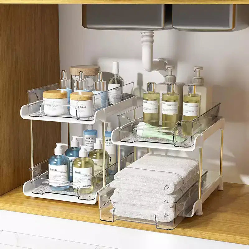 Organiseur cosmétique transparent à 2 niveaux, support pour soins de la peau et maquillage, étagère de rangement réglable, organiseur de comptoir, pour cosmétiques, aliments et articles ménagers